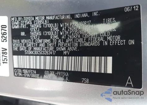 2012 Toyota Sienna Le V6 8 Passenger z USA, uszkodzony, nr VIN 5TDKK3DC5CS263417